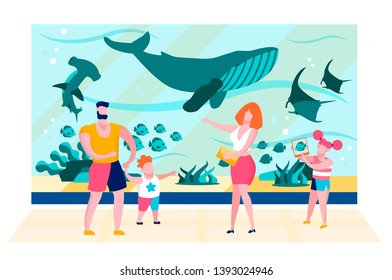 Family Visiting Oceanarium Flat Vector Concept. Parents with Kids Looking on Sea Fishes, Marine Animals and Oceanic Mammals Under Glass of Large Aquarium Illustration. Modern Touristic Attraction