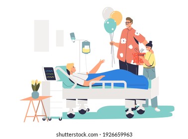 Family Visiting Patient In Hospital During Recovery After Illness. People With Balloons At Sick Man Bed In Clinic Or Intensive Therapy Room. Cartoon Flat Vector Illustration