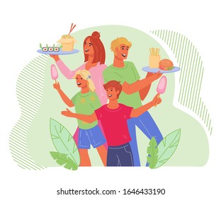Family visiting street food festival - cheerful people carrying trays with various dishes. Culinary feast or self service restaurant concept. National cuisines day. Flat vector illustration.