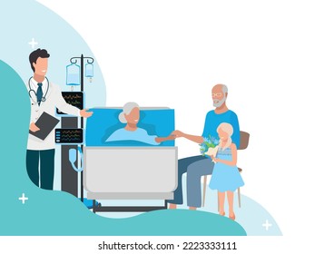 The family visits a happy elderly patient in the hospital and talks to the doctor. Patient and visitors and doctor. Vector illustration in a flat style.