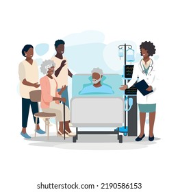 The family visits their elderly relative in the hospital. Patient and visitors. Joy and positive from meeting with close friends. Vector illustration in a flat style.