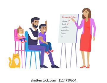 Family voting for plan on whiteboard father with children and cat participating in making decisions, mother ideas written on board vector illustration