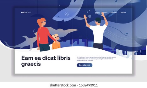 Family in VR glasses watching underwater life. Ocean, sharks, aquarium flat vector illustration. Virtual reality concept for banner, website design or landing web page
