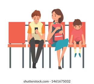 Family Waiting At Airport Terminal For Flight, Mother With Two Sons Sitting On Chairs At Waiting Room Vector Illustration