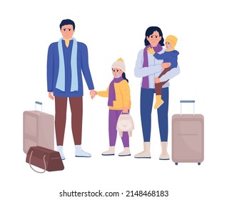 Family Waiting For Evacuation On Train Station Semi Flat Color Vector Characters. Sad Figures. Full Body People On White. Simple Cartoon Style Illustration For Web Graphic Design And Animation