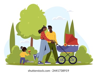 Family walk with baby stroller. Father and mother with daughter walk in city park. Active lifestyle and leisure outdoors. Cartoon flat vector illustration isolated on white background