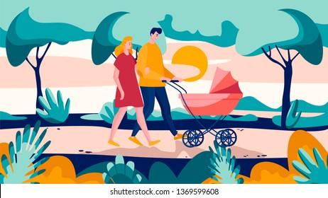 Family Walk with Baby Stroller in Park. Happy Mother and Father Together Walking with Newborn Kid. Parents Spend Leisure Time in Open Air with Child Pram. Flat Cartoon Vector Illustration