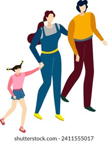 Family walk with child, young woman leads a little girl by hand, man strolling beside them. Stylized modern figures, happy family time vector illustration.