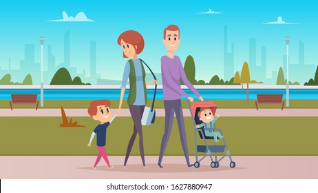 Family walk in city park. Happy parenthood, cute cartoon babies. Mother, father and sons vector characters