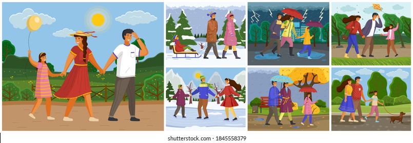 Family for a walk at different times of the year set vector flat illustration, people walking outdoor. Parents and kids spending time together in winter holiday, in the rain, in the warm summer
