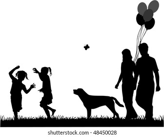 family walk the dog, the illustration of vectors