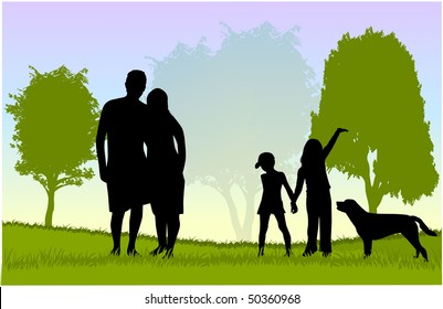 Family Walk With The Dog In The Park