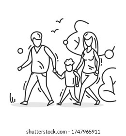 Family walk icon. Outline parents and kid walking in park. Outdoor family activity concept. Parenthood and relationship sign. Mother and father with son. Thin line vector illustration.Editable stroke