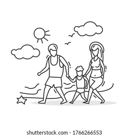 Family walk icon.Parents and boy strolling by seashore, holding hands. Concept line pictogram of family summer holiday outdoor activity and traveling with children. Editable stroke vector illustration