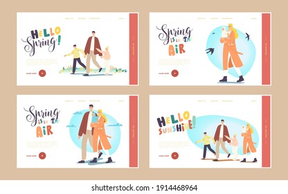 Family Walk Landing Page Template Set. Characters Walking at Spring Park. Father, Mother with Baby, Son and Daughter Spend Time Together Outdoor, Active Leisure. Cartoon People Vector Illustration