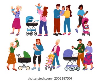 Family walk. Mother with baby stroller. Parents of twins. Caregiver buggy. Happy park stroll. Mom and dad together with little children. Father pushing pram. Woman hugging toddler. Vector tidy set