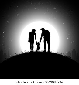 Family walk on night. Father, mother and child silhouettes. Full moon