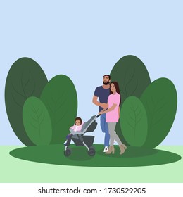 
Family walk in the park. Cute illustration of a young couple walking with a baby.Family time. Children's Day. A happy family. Young stylish and happy. Vector illustration in flat style.