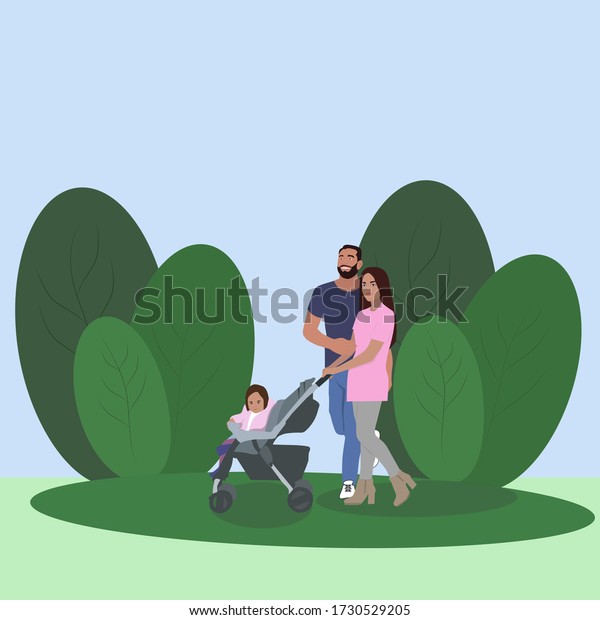 
Family
walk in the park. Cute illustration of a young couple walking with
a baby.Family time. Children's Day. A happy family. Young stylish
and happy. Vector illustration in flat
style.