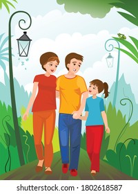 Family walk the park. Dad, mom and child are walking along the path. Good, happy mood. Summer. Cartoon flat style. Vector illustration of a cute cheerful childhood. Friendly parents together.	