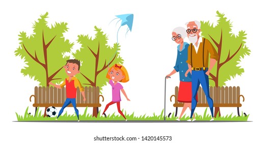 Family walk in park flat vector illustration. Grandparents and grandchildren cartoon characters. Boy playing with ball, girl holding kite. Happy seniors and little children on outdoor stroll
