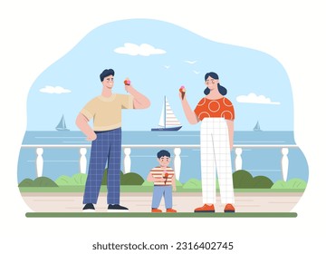 Family walk at quay concept. Man and woman with ice cream and child stand on shore against backdrop of sea and ship or yacht. Tourists in tropical countries. Cartoon flat vector illustration