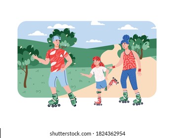 Family at walk in summer park skating rollers together, flat vector illustration. Cartoon characters of parents with children on summer vacations or holidays.