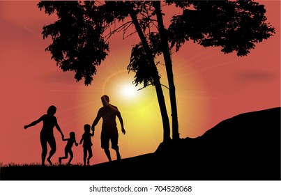 Family walk at sunset