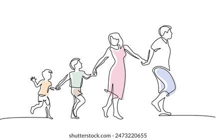 Family walk together holding hands. Continuous one line drawing. Vector illustration.