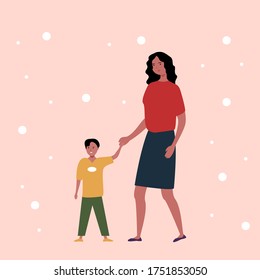 
Family walk weekend portrait on pastel background. Cartoon mom and son. Vacation, weekend. Vector flat illustration. A happy family. Summer concept