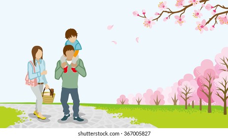 Family Walking among full bloom cherry trees -Piggyback