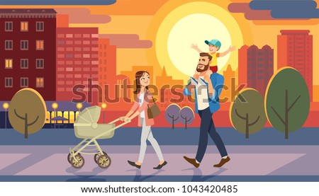 Family walking with baby car at city sunset. Father holding son on his shoulders. Fun lifestyle of cartoon characters at cityscape street. Vector illuctration of parents and children outdoor.