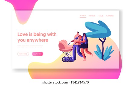 Family Walking with Baby Stroller in Park Landing Page. Parents Spend Time in Open Air with Pram. Happy Mother and Father Walking with Newborn Kid Website or Web Page. Flat Cartoon Vector Illustration