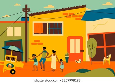 Family walking in a Brazilian community. Popcorn cart. Vector Art.