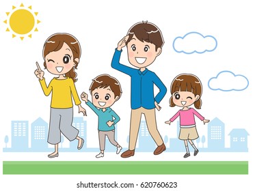Family is walking in the city