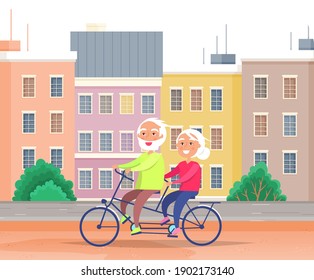 Family walking in the city park and riding a bike together. Elderly people on a date outdoors. Characters ride a tandem around the city. Joint pastime in open area against the background of buildings