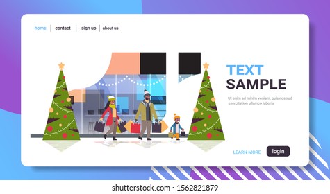 family walking with colorful paper bags merry christmas happy new year shopping concept parents with child holding purchases modern mall exterior horizontal full length copy space vector illustration