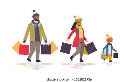 family walking with colorful paper bags merry christmas happy new year winter shopping concept african american parents with child holding purchases horizontal full length vector illustration