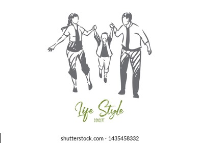 Family walking concept sketch. Isolated vector illustration