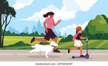 Family walking dog concept. Woman and daughter at scooter with white puppy in city park. People walk outdoor with domestic animal. Household chores and routine. Cartoon flat vector illustration