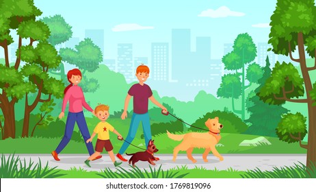 Family walking with dog. Man woman with kid go in park with pet, vector illustration happy people on outdoor rest