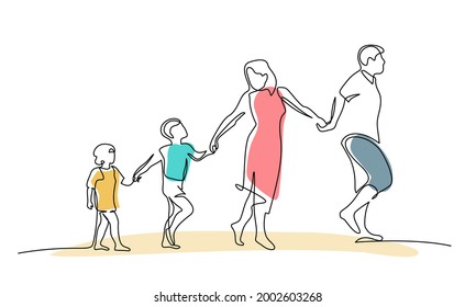 Family Walking Hand In Hand. Dad, Mom And Two Children, Son And Daughter. Hand Drawn Silhouette Of Four People. Continuous One Line Drawing. Vector Illustration