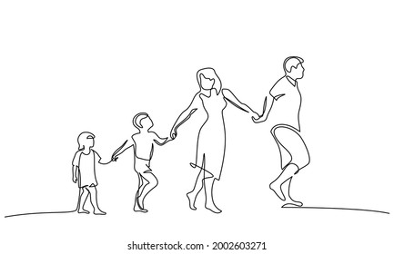 Family walking hand in hand. Dad, mom and two children, son and daughter. Hand drawn silhouette of four people. Continuous one line drawing. Vector illustration