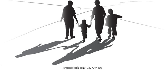 Family Walking Hand In Hand On The Road This Concept Mean Walk Passed To 2018 In Vector Style