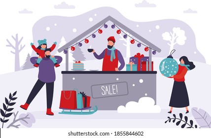 Family walking and having fun at christmas market. Merchant sells hot drinks at winter fair. People buy gifts for loved ones at holiday fair. Сoncept of new year sales. Flat vector illustration