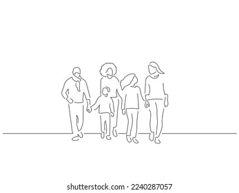 Family walking in line art drawing style. Composition of casual people. Black linear sketch isolated on white background. Vector illustration design.