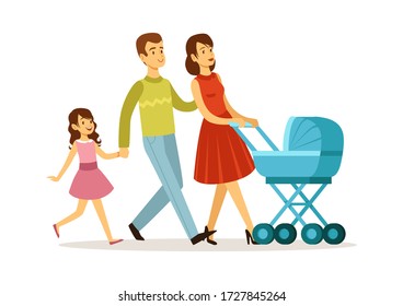 Family walking. Mother father daughter, baby in carriage. Young parents and children vector illustration