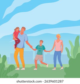 Family walking in nature, children and parents walking together. Father, mother, son and daughter walking outside the city in the park. Nature park, walking season, entertainment. Vector illustration