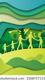 Familia caminando en la naturaleza concepto ecológico siluetas de padres y niños tomados de la mano rodeados de capas de árboles verdes del paisaje colinas estilo de corte de papel