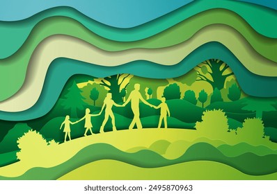 Family walking in nature green landscape paper cut style